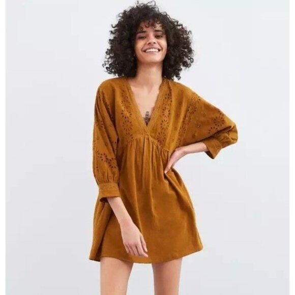 Zara Dresses & Skirts - Zara Opemwork Eyelet Mini Dress Women Size Medium Brown Peasant Boho Hippie